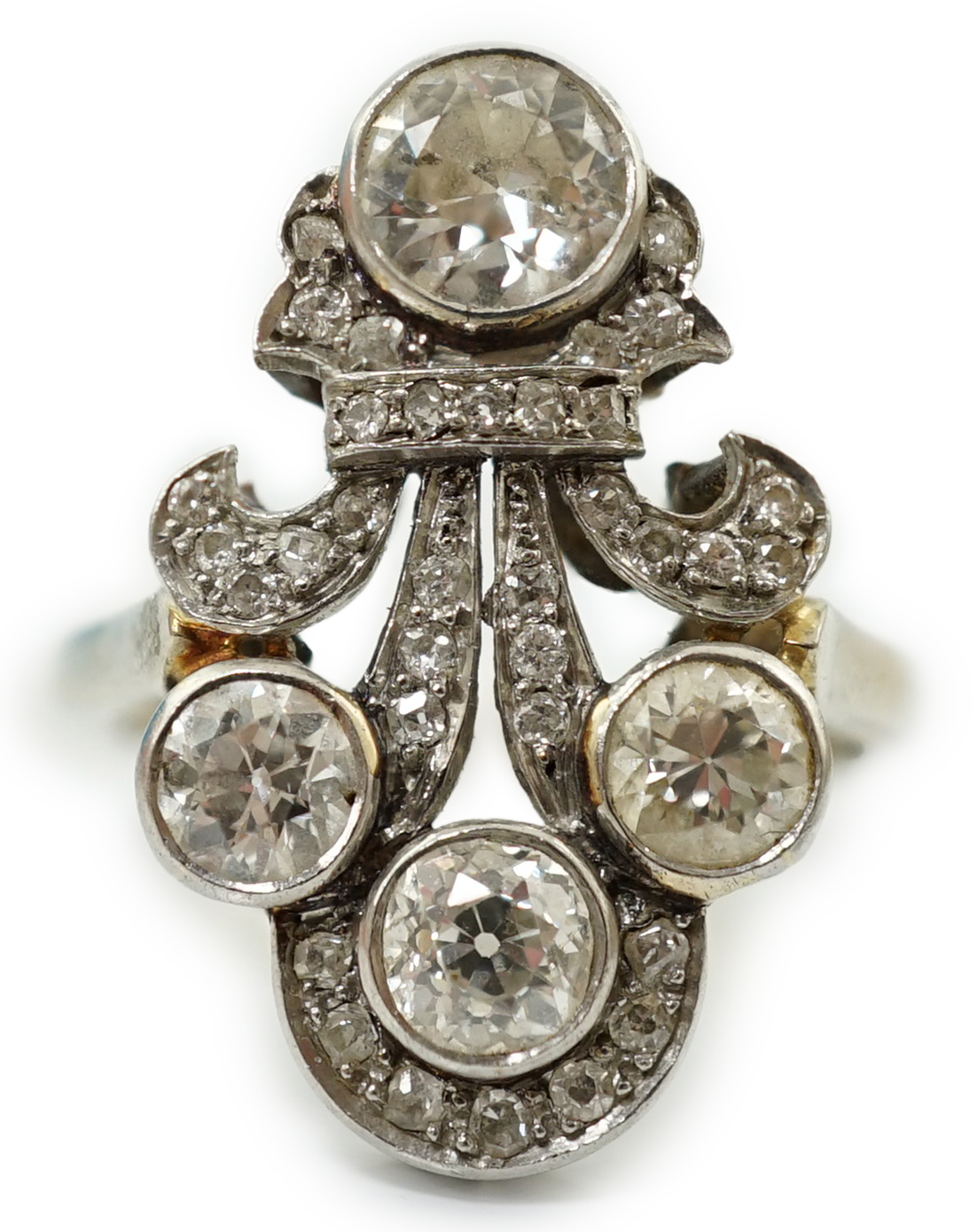 A 9ct white gold, platinum and diamond cluster set up-finger ring